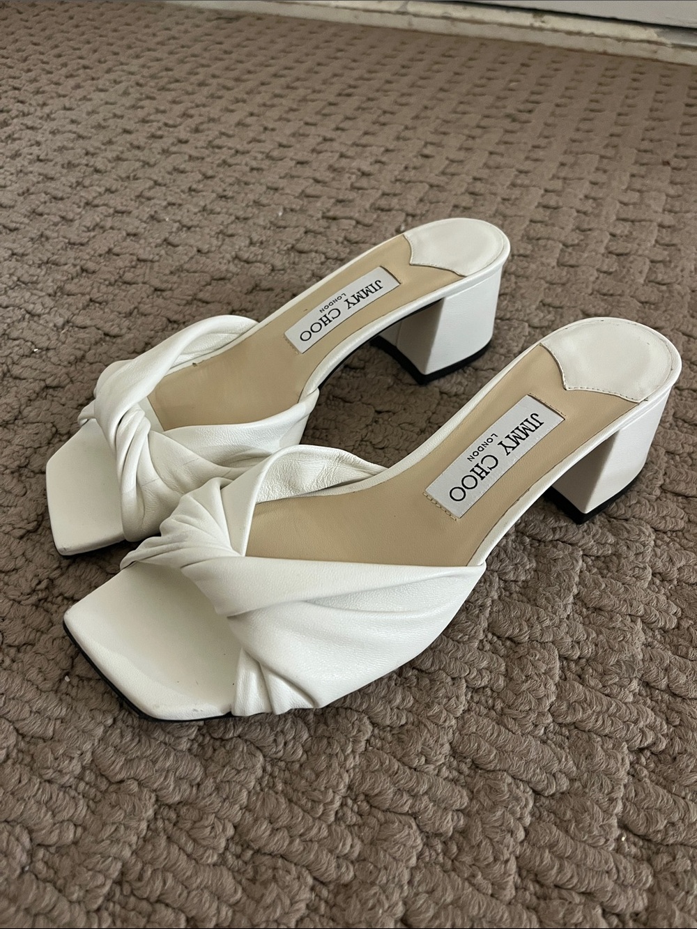 Jimmy Choo Lyn 45 Sandals White Knotted Leather Block Heel - Used 2x